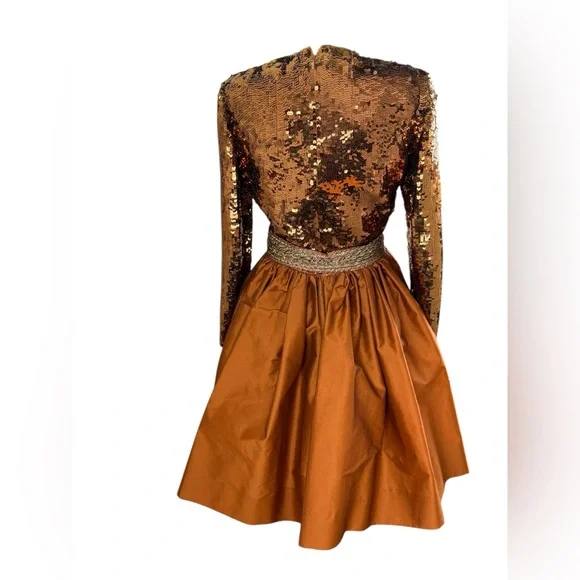 Vintage Oscar de la Renta Studio Sequin and Silk Bronze Formal Mini Dress - Picture 9 of 15